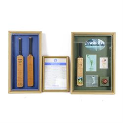 Signed cricket memorabilia, comprising Don Bradman montage with signed photograph, two sig...
