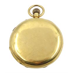 Victorian 18ct gold half hunter, keyless English lever chronograph pocket watch, movement back plate inscribed Andrew Marcus & Sons, Leith, No. 102514, capped jewels to the centre wheel, white enamel dial with Roman numerals, case by Isaac Jabez Theo Newsome, Chester 1887