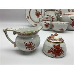 Herend Chinese Bouquet Rose pattern tea service comprising teapot, coffee pot, open sucrier, six cups and saucers, six tea plates, cream jug and stand, milk jug, two teabag holders, preserve pot, two leaf shaped dishes, four egg cups, salt & pepper pots, pair side plates and another plate