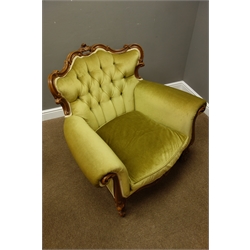  French style ornate carved beech framed lounge suite three seat settee (W196cm), and pair of armchairs (W97cm), upholstered in buttoned lime green velvet  