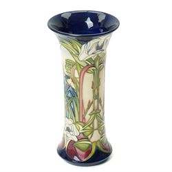 Moorcroft Fountains Abbey pattern vase, of cylindrical form with flared neck, designed by Philip Gibson, with impressed and painted marks to base, with original box, H25cm