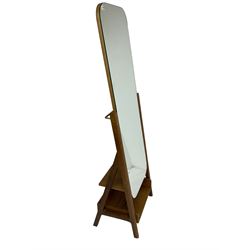 Mid-20th century teak framed cheval mirror, rectangular fixed plate, fitted with two shelves below