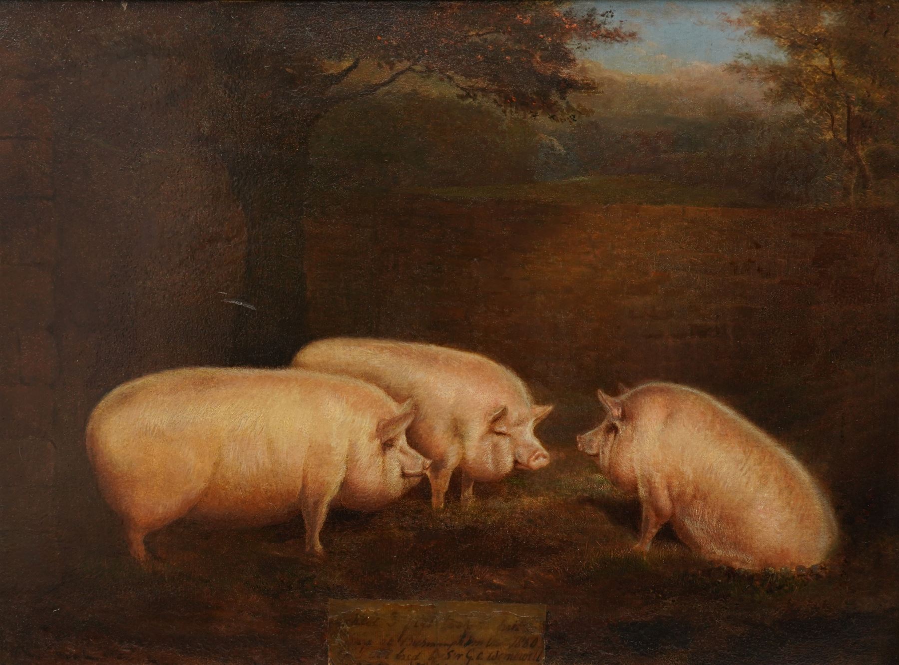 English School (Mid-19th century): Three Prize Pigs, oil on canvas unsigned inscribed 'These three pigs took first prize at Birmingham ... 1860, pigs were bred by Sir G O Wombwell and sold for £39...', undated c.1860, 54cm x 73cm
Notes: Sir George Orby Wombwell, 4th Baronet (1832-1913) (Newburgh Priory,  Coxwold, York, North Yorkshire) fought in the Crimean War (1853-1856) and took part in the Charge of the Light Brigade, before inheriting his title in 1855, and in 1861 served as High Sheriff of Yorkshire.