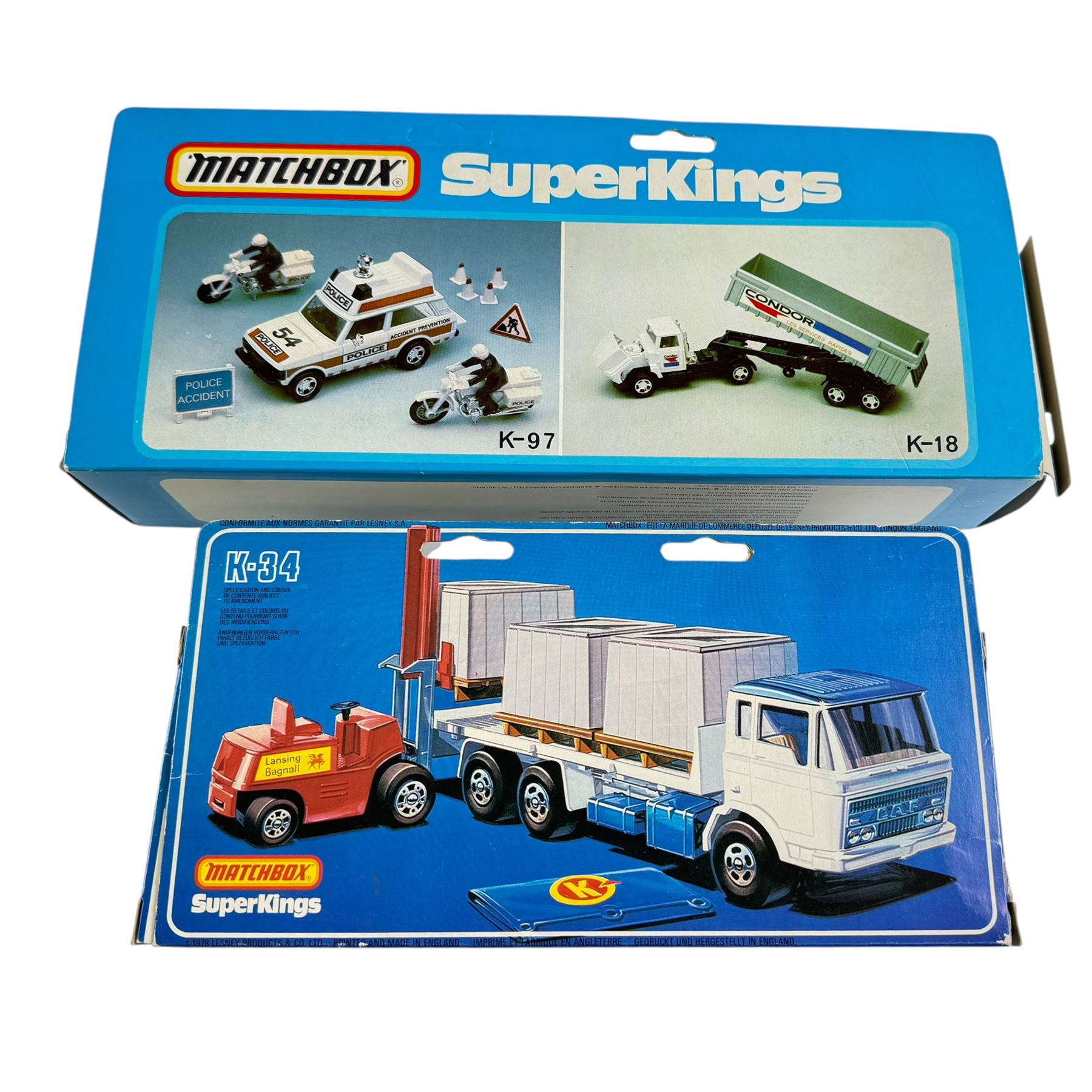 Collection of diecast model vehicles, including Matchbox Superkings K34 Pallet Truck (missing forklift), Matchbox Superkings K97 Range Rover Police, Corgi Super Silo Truck, Matchbox Superkings K17 Container Truck, Matchbox Superkings K3 Grain Transporter, Britains 9672 British Despatch Rider, Corgi Ford Escort and a Corgi Austin Metro, all boxed and Matchbox K33 Cargo, unboxed