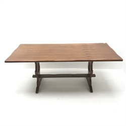  Oak refectory style dining table, pierced and shaped solid end supports joined by stretchers, W185cm, H74cm, D91cm  