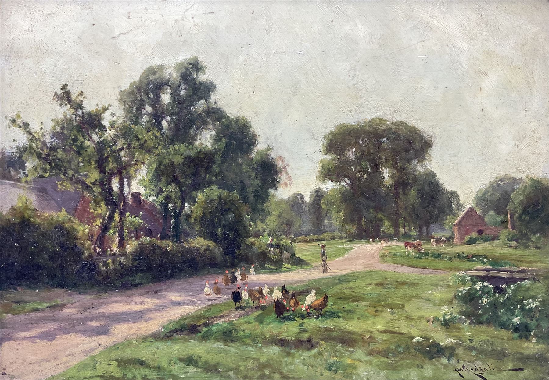 Arthur William Redgate (British 1856-1931): Country Lane with Hens and Cattle, oil on panel signed 24cm x 35cm 
Provenance: with Herbert Evans, Johannesburg, South Africa, label verso