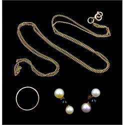 Gold chain necklace, gold wedding band and pair of gold pealr and black onyx stud earrings, all 9ct hallmarked or tested