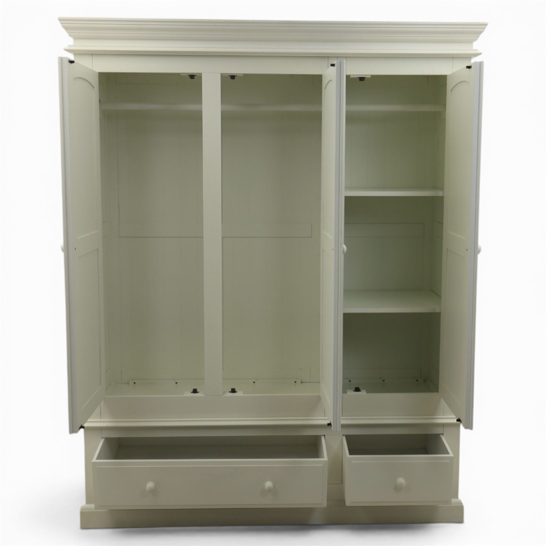 Modern white three door wardrobe, with two hanging section and shelving area, above a long drawer and a short drawer to the base, raised on a moulded plinth