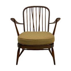 Ercol medium elm and beech stick back easy chair, with upholstered seat cushion