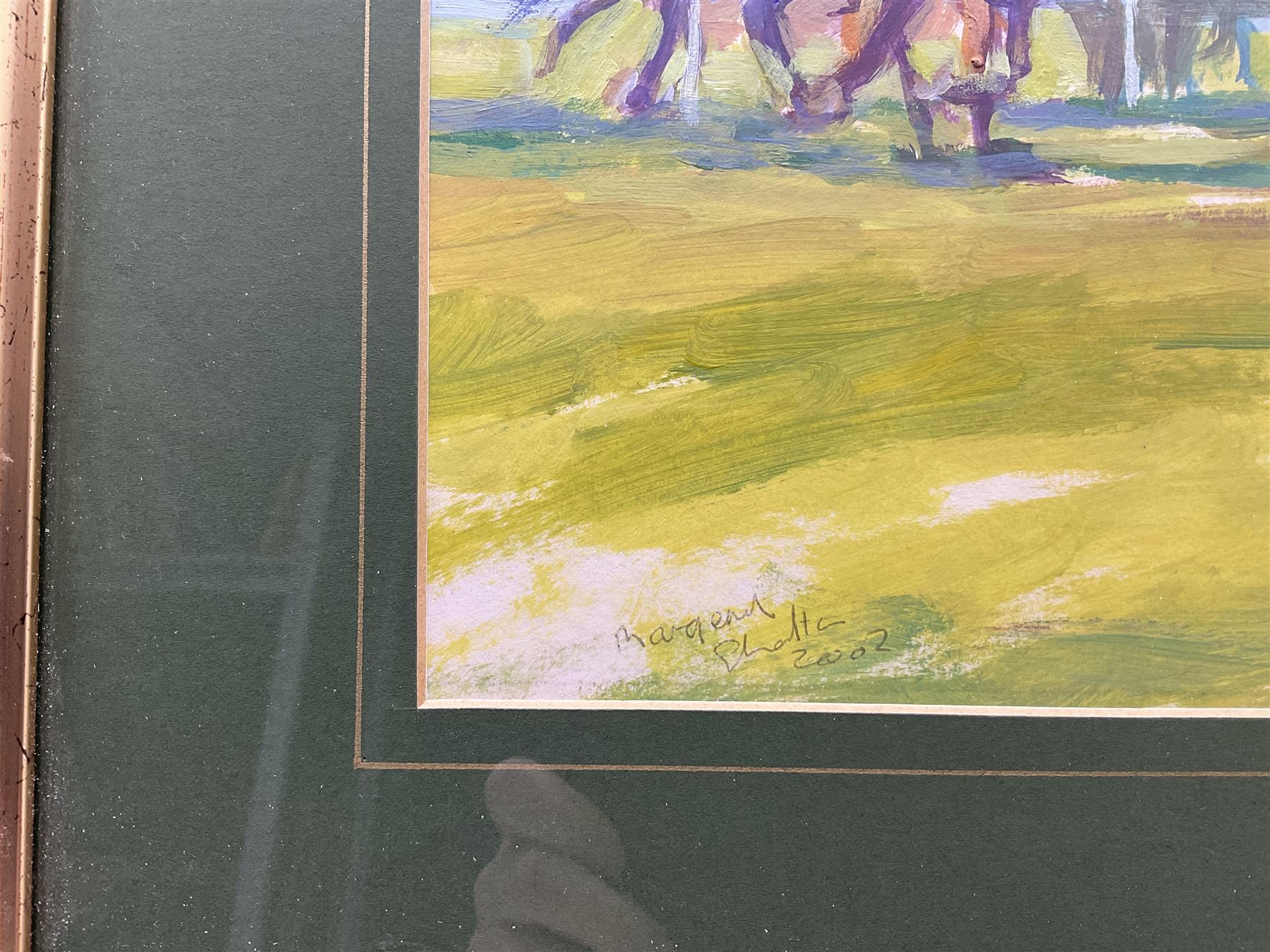 Margery Shotton (British 1943-): 'Rounding the Bends at Sedgefield Races', acrylic signed and dated 2002, titled verso 27cm x 49cm 