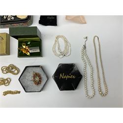 Collection of costume jewellery, including synthetic pearl necklace with gold clasp, enameled and gilt 1948 two shillings coin pendant necklace, enameled and gilt 1836, Singaporean floral orchid pendant/brooch, by Risis, wooden jewellery boxes etc 