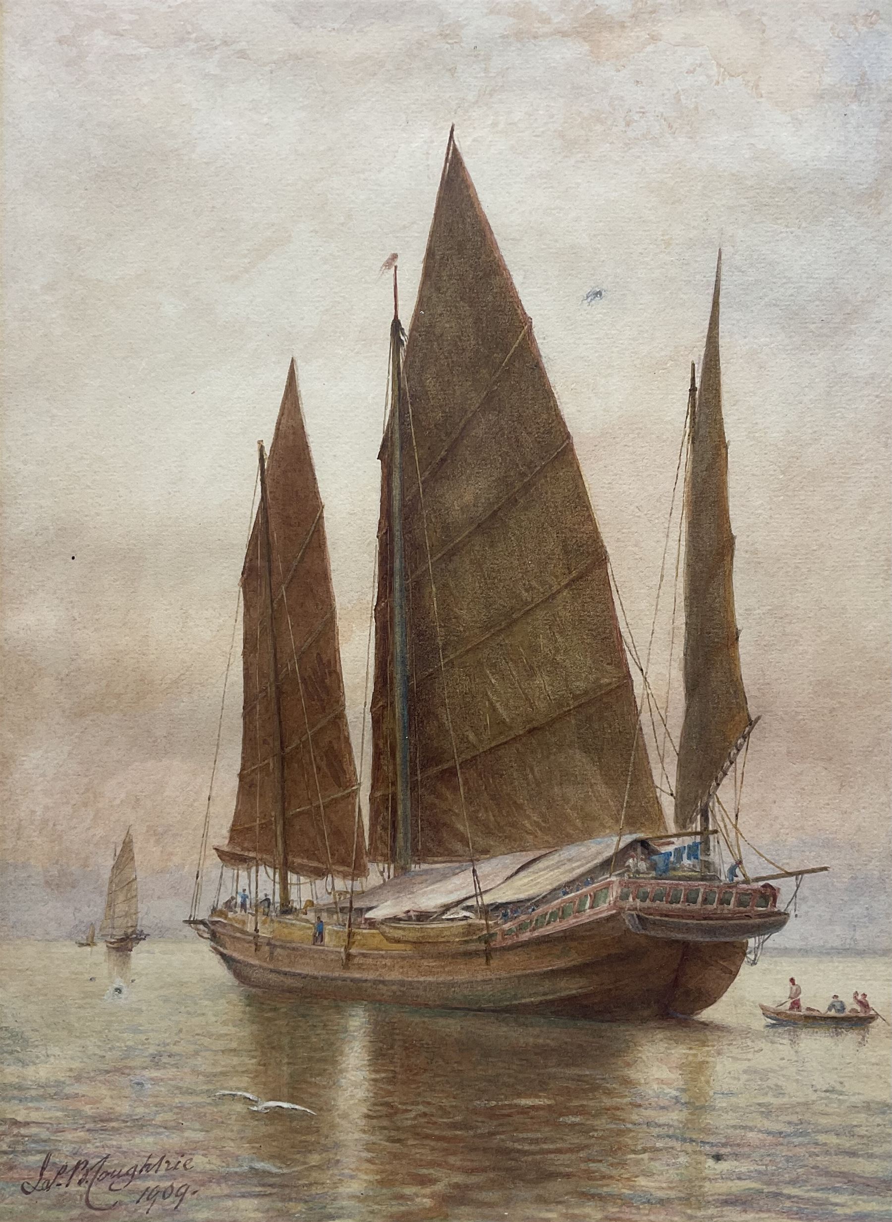 James Billington Coughtrie (British 1837-1920): Hong Kong Ships Heading Out, watercolour signed and dated 1909, 33.5cm x 24cm 