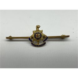 Royal Sussex Regiment 9ct gold sweetheart brooch with Regimental Association membership card to 6406670 Pte. Brock dated 1940; an 18ct gold pin badge enamelled with a shipping company (?) pennant; and an ARP button-hole badge (4)