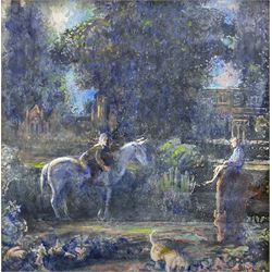 English School (19th century): Boys on Horses in a Country House Garden, gouache unsigned 19cm x 18cm