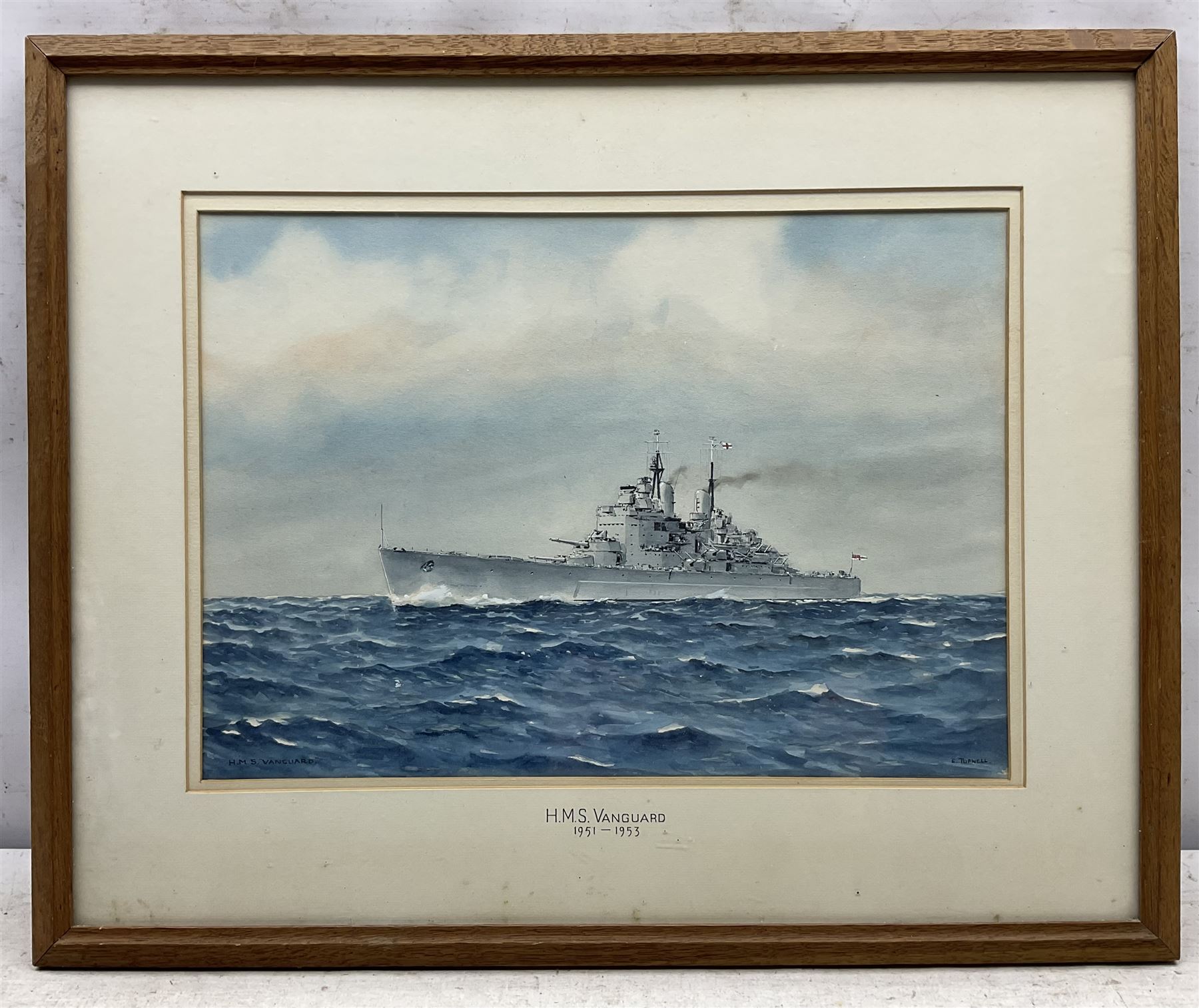 Commander Eric Erskine Campbell Tufnell RN (British 1888-1979): 'HMS Essington', 'HMS Vanguard', 'HMS Galatea', 'HMS Humber', and 'HMS Burnham', set five watercolours heightened in white signed and titled 26cm x 37cm (5)