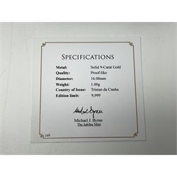 Queen Elizabeth II 2000 'The Queen Mother' silver proof five pound coin, 2000 'Millennium' silver proof five pounds, 2007 'Scouts' silver proof fifty pence, Tristan Da Cunha 2014 9ct gold 1 gram gold one crown coin, all cased with certificates and a 'Prince Charles 60th Birthday Commemorative Coin Cover' containing a 2008 silver proof five pound coin in folder (5)