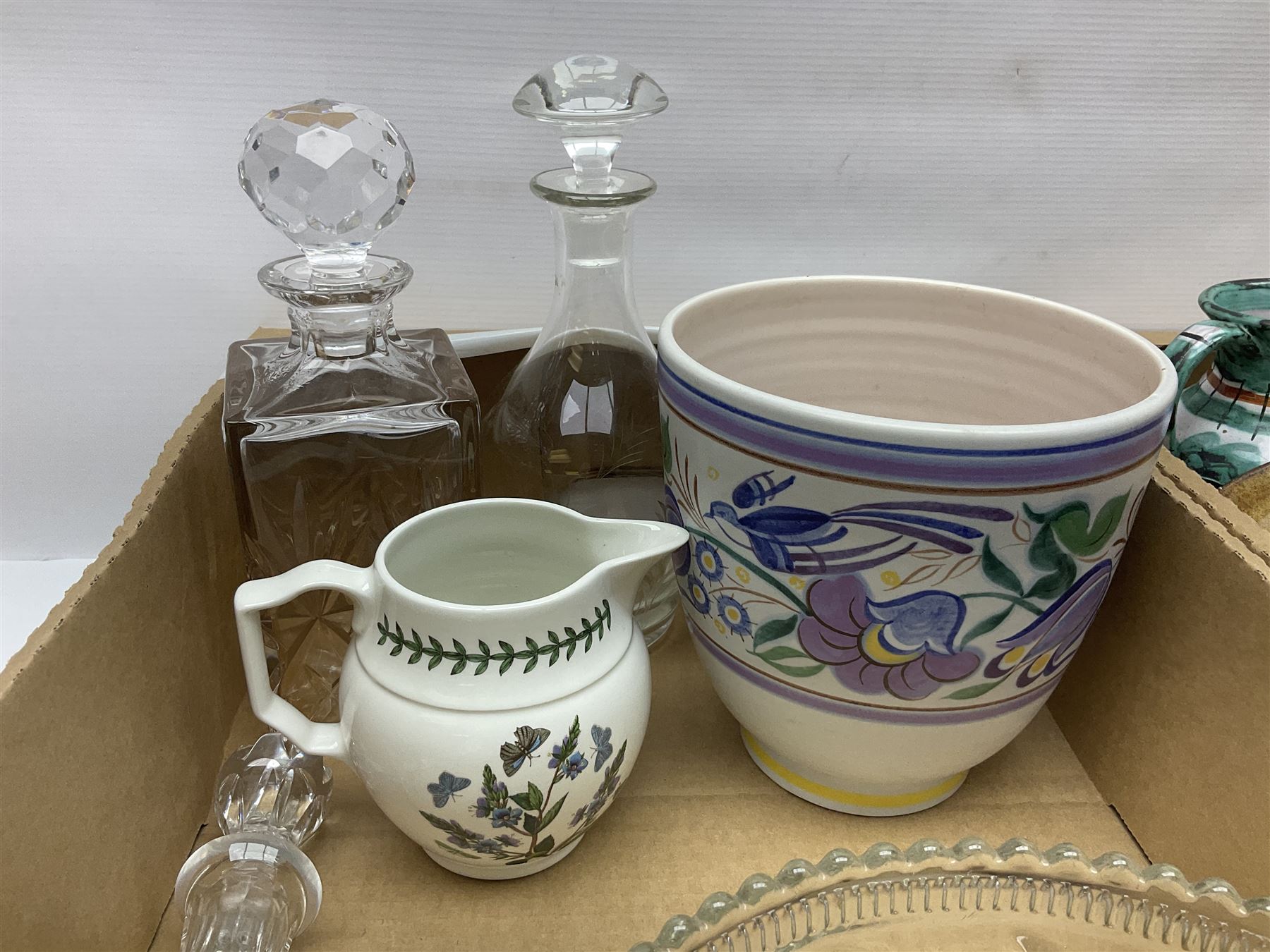Portmeirion Botanic Garden jug, Poole Pottery planter, Denby coffee pot, Wedgwood Jasperware trinket box, Le Creuset oven dish and a collection of other ceramics, etc, in four boxes 