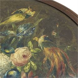 Early Victorian rosewood tripod pedestal table, circular moulded top hand painted with flowers and birds on slate, on tapered hexagonal column with carved acanthus leaf baluster, three splayed supports carved with foliage and scrolling terminals 