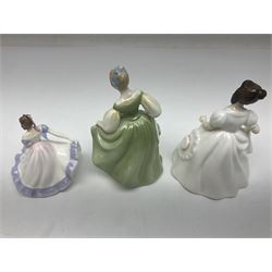 Ten Royal Doulton figures, to include Off To School HN3768, Cherie HN2341, Sharon HN3047 and Forget-Me-Not HN3388, all with printed mark beneath, together with a Limoges teacup and saucer
