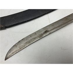 Chinese Boxer Rebellion Period Sword, 69.5cm heavy curved single edge blade with single narrow fuller, plain iron dished circular guard, iron pommel and ferrule with plaited cord bound grip; in skin covered wooden scabbard with iron chape and long suspension mount L95cm overall