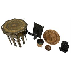 Moorish design octagonal occasional table (W55cm, H52cm); cast metal door stop in the form of a cat; foliage lozenge carving in oak; small copper bucket with lion mask handles; wrought metal fire fender; pressed metal plate; and a small hardwood stand (7)
