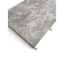 Victorian ornate cast iron garden table, trefoil base with central enclosed column, circular top with later marble, with registration mark