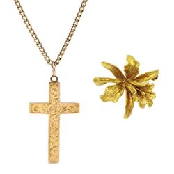 9ct gold flower brooch, Edwardian rose gold cross pendant, Birmingham 1907 and a gold curb chain necklace, all stamped or hallmarked