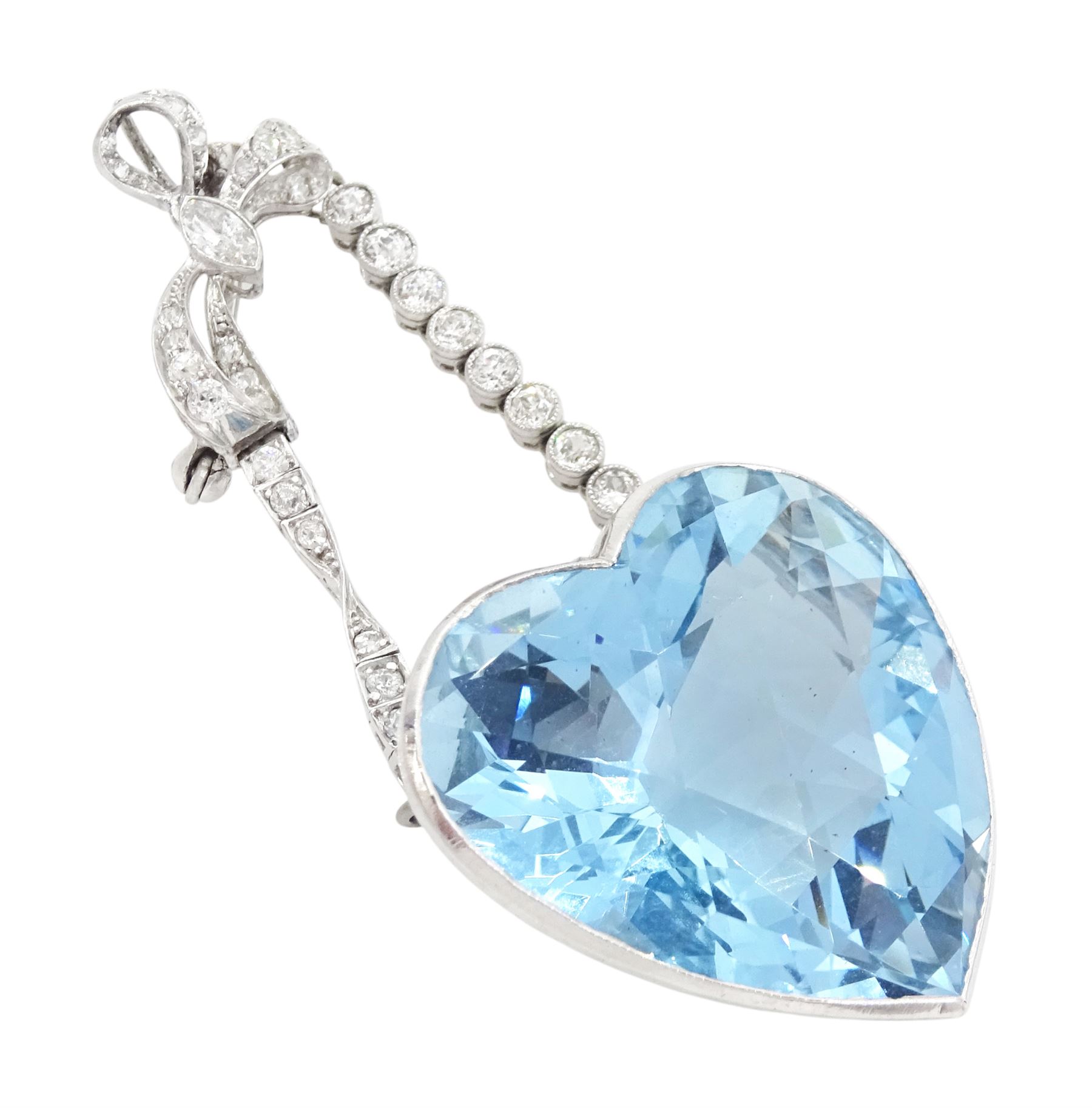Platinum aquamarine and diamond pendant / brooch, the large faceted heart cut aquamarine, mounted within an openwork heart design gallery, suspending from a polished and milgrain set old cut diamond pendant, with bow design brooch top, set with further old cut diamonds and a single marquise cut diamond, in fitted velvet and silk lined box by Bloom & Sons, London, aquamarine approx 55.00 carat, total diamond weight approx 0.60 carat