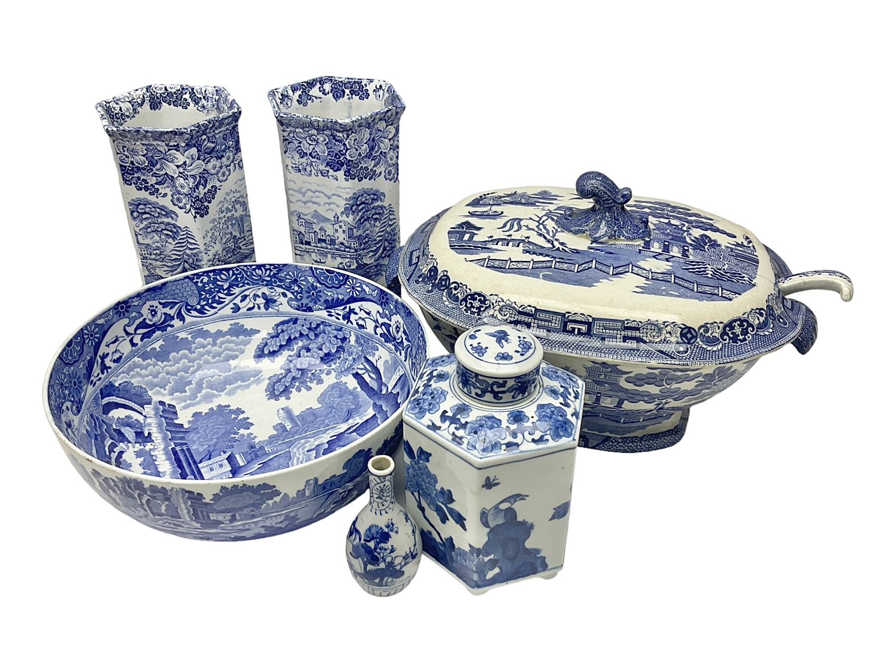 Large blue and white twin handled tureen with cover, Copeland Spode bowl, oriental blue and white jar and cover and a pair of blue and white vases