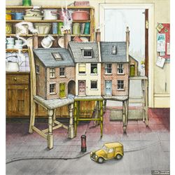 Colin Thompson (British/Australian 1942-): Houses in Kitchen Illustration, ink and waterco...