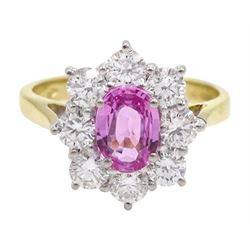 18ct gold pink sapphire and diamond cluster ring, hallmarked, sapphire approx 0.90 carat, total diamond weight approx 1.05 carat