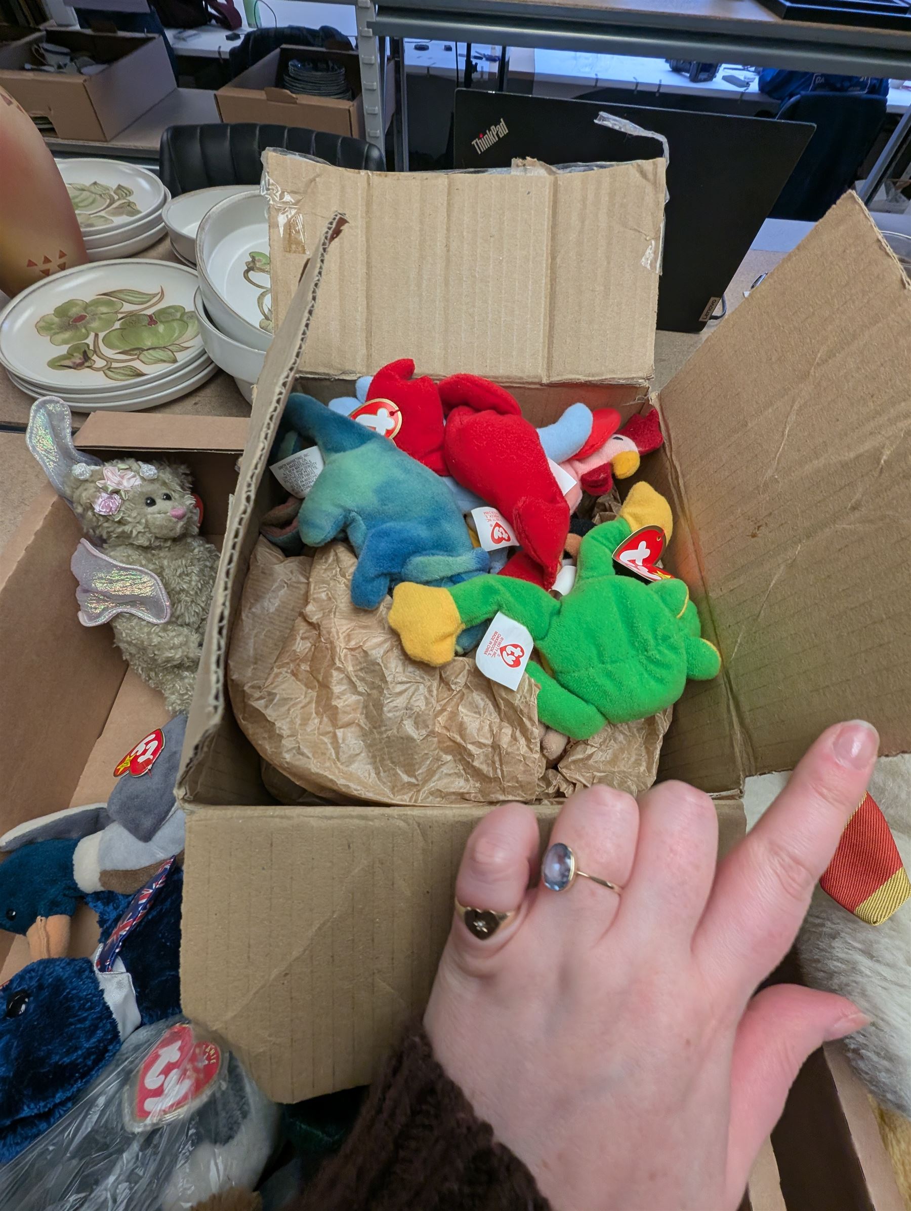 Collection of vintage and modern soft toys, including TY Beanie Babies, Disney Store Eeyore, etc