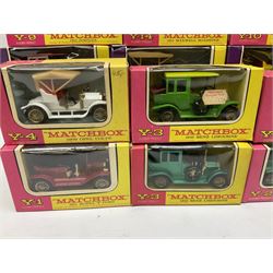 Matchbox Models of Yesteryear - two early models Y7-2 and Y12-1; and eighteen other models Y1-2, Y2-2, Y2-3, two x Y3-2, Y4-3, Y5-3, Y6-3, Y8-2, Y8-3, Y9-2, Y10-3, Y11-2, two x Y12-2, Y13-2, Y14-2 and Y16-2; all boxed (20)