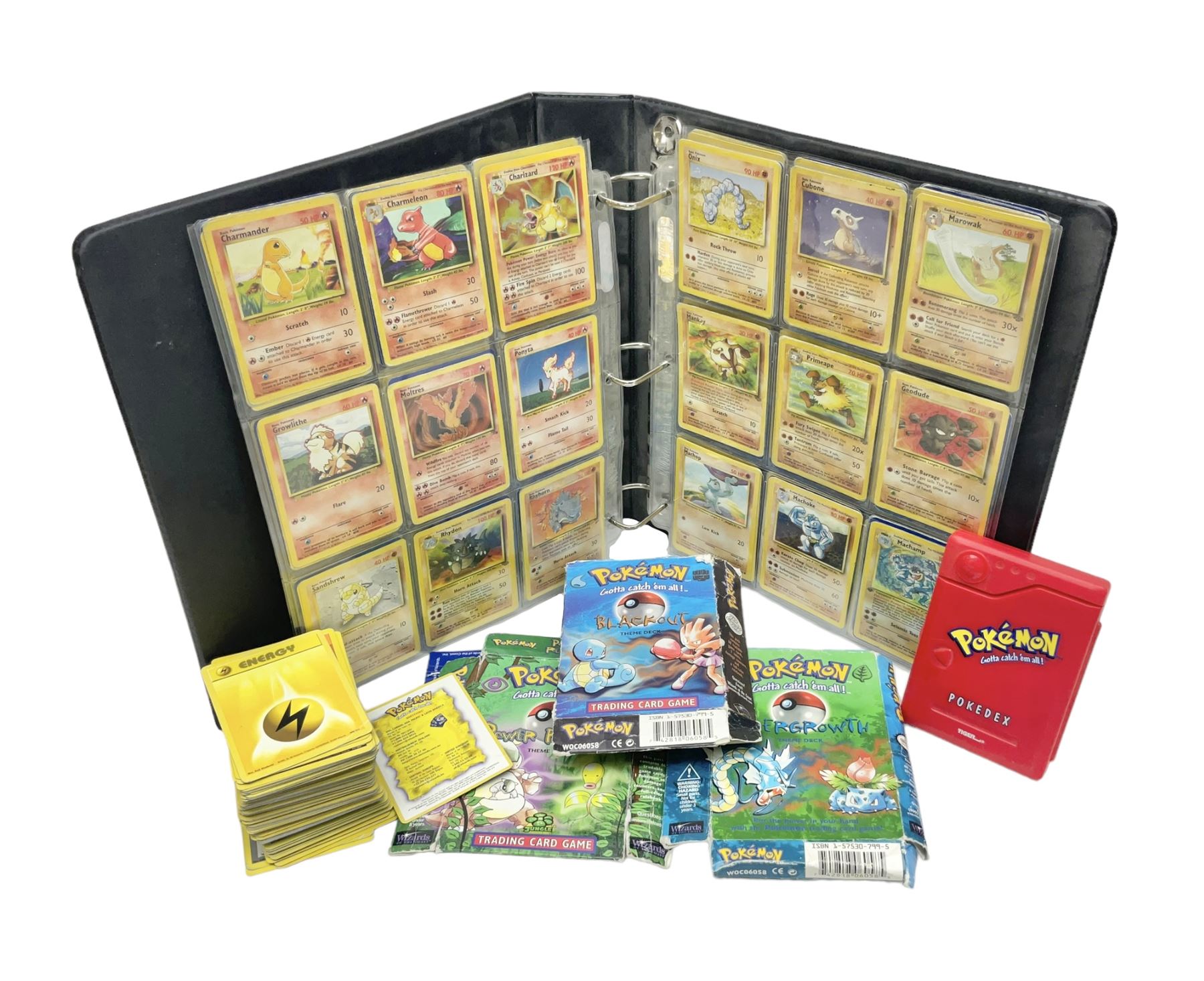 Collection of Pokemon trading cards, mostly 1999 Wizards Pokemon cards to include holo Charizard 4/102, first edition holo Machamp 8/102, further holographic cards; Dark Flareon 35/82 and Dark Vaporeon 45/82, cards from themed sets and 4th edition prints; 1998 Electronic Pokédex with cardboard boxes for themed decks Blackout, Overgrowth and Power Reserve Jungle, along with a large quantity of energy and trainer cards 