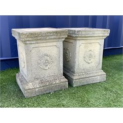 Pair composite stone garden plinths, square form with top and lower mould, each side set with flower head - THIS LOT IS TO BE COLLECTED BY APPOINTMENT FROM DUGGLEBY STORAGE, GREAT HILL, EASTFIELD, SCARBOROUGH, YO11 3TX
