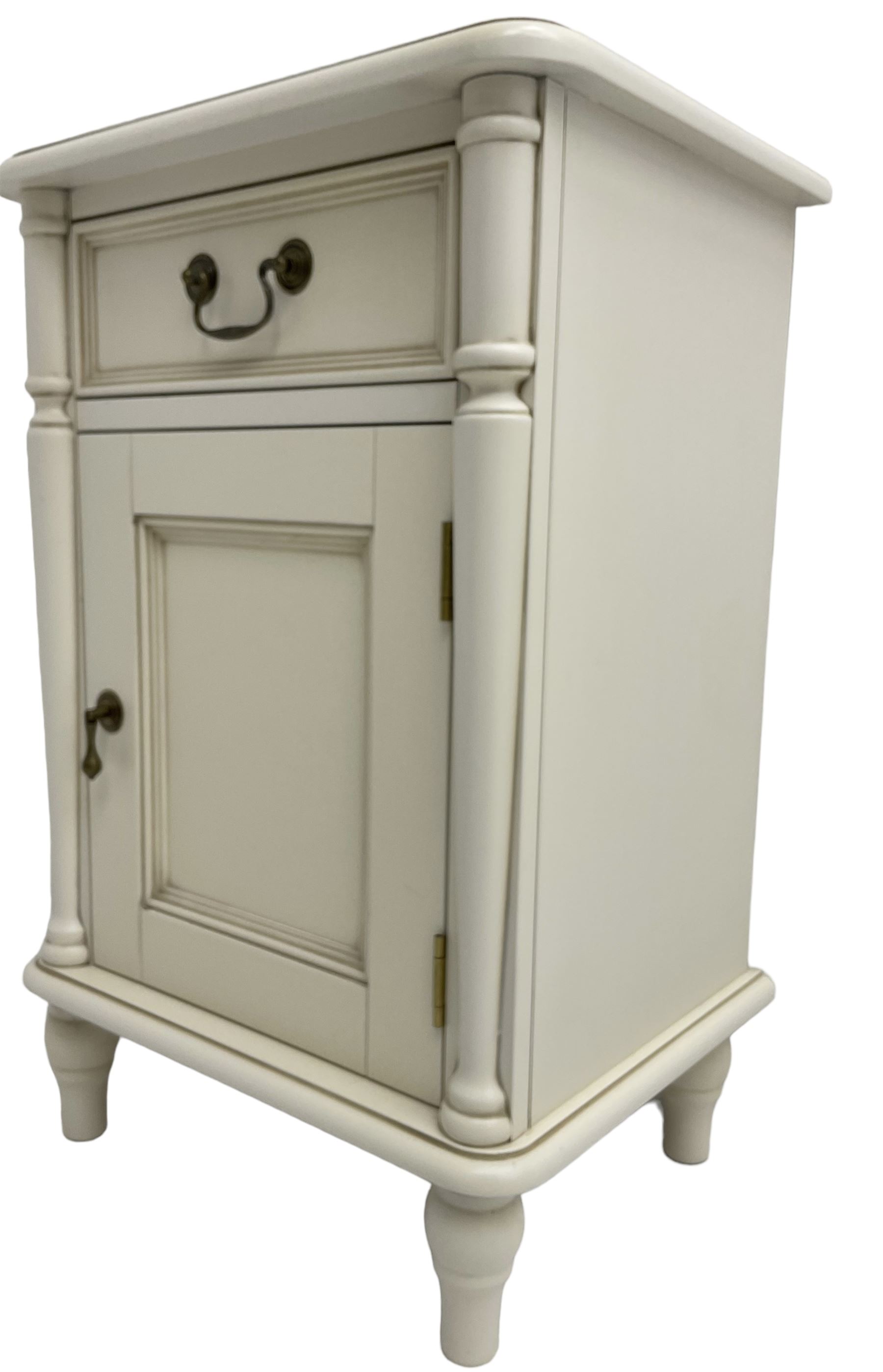 Laura Ashley - 'Clifton' ivory finish pedestal bedside chest, fitted single drawer over cupboard, flanked by split turned uprights