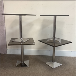 Four square top café bistro tables on polished metal bases, 68cm x 68cm, H74cm