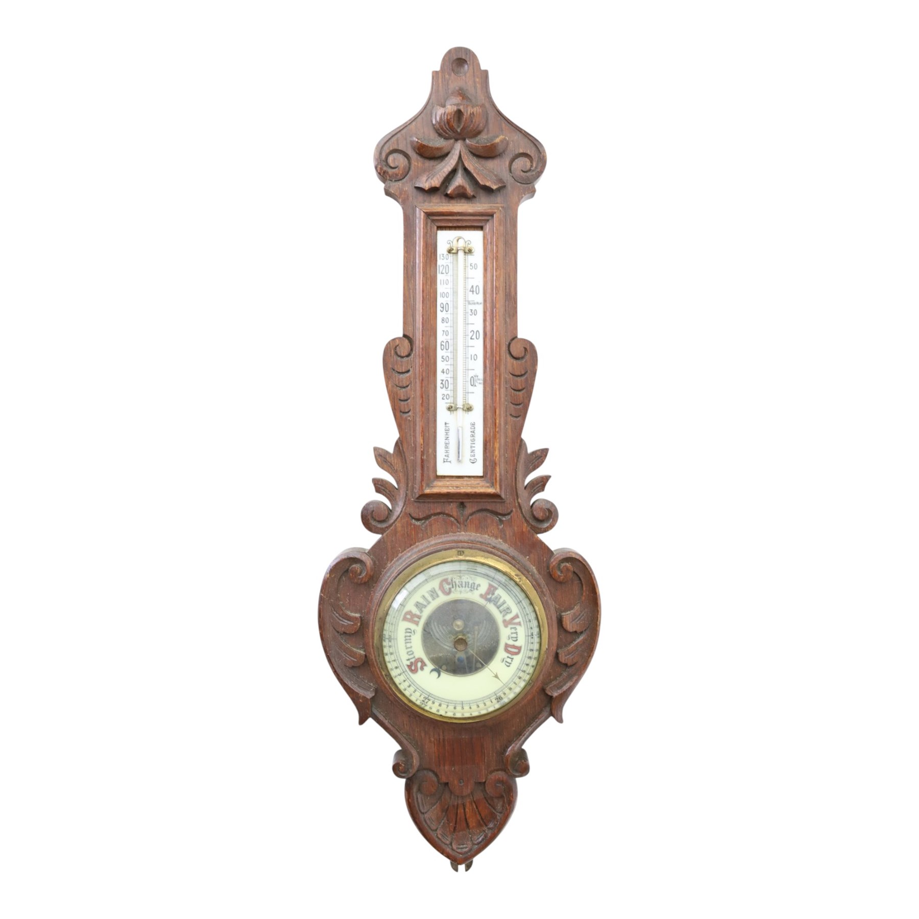 Victorian carved oak aneroid barometer, the foliate crest above a glazed thermometer, with scroll carved sides and circular dial below, H  60cm