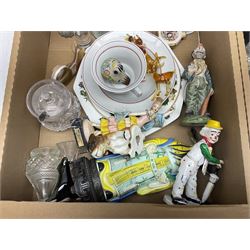 Minton plate, decorated with a bird in a green boarder, together with Booths Floradora pattern cup and saucer, glass decanters and other collectables, in three boxes  