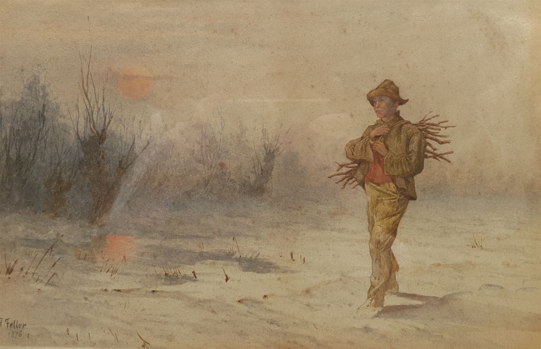 Frank Feller (British 1848-1908): Returning Home with Firewood at Sunset, watercolour signed and dated 1876, 23cm x 35cm