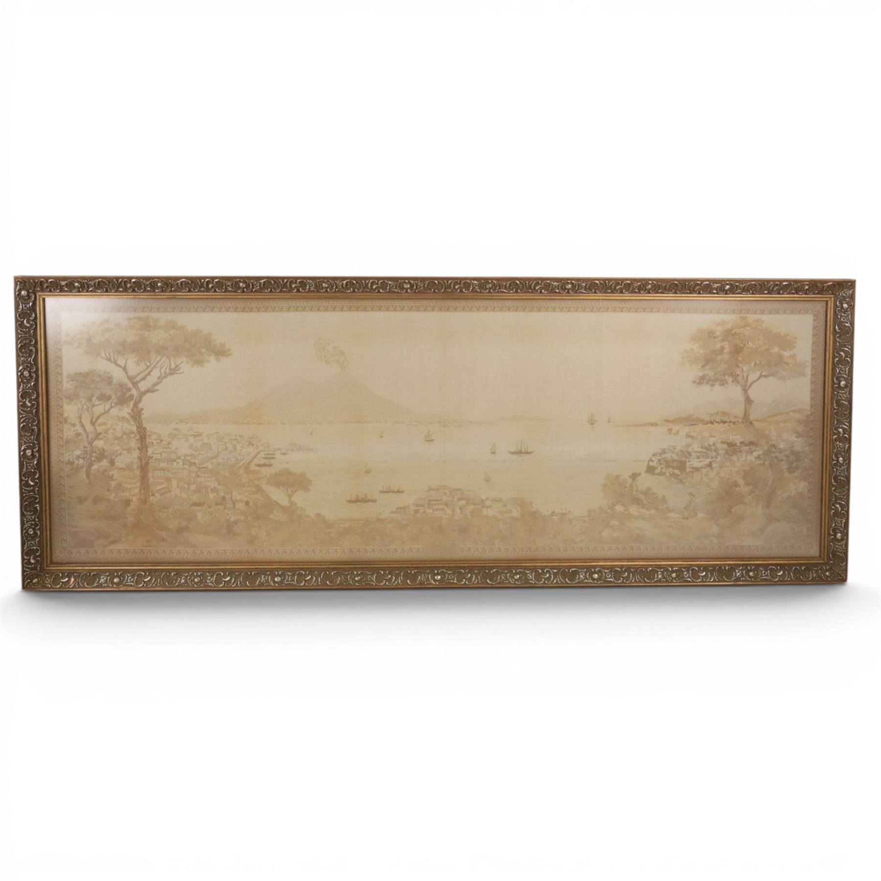 Pair of  machine woven tapestries, of Venezia and Napoli, framed H55cm, L149cm   