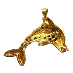  Sapphire, ruby and diamond gold dolphin pendant brooch, stamped 750   