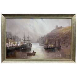 Walter Linsley Meegan (British c1860-1944): Sailing Vessels in Whitby Harbour, oil on board signed 25cm x 40cm