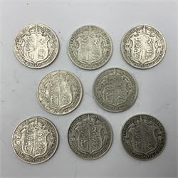 Eight King George V 1916 silver half crown coins
