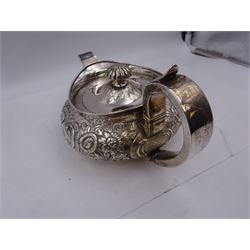 George III Irish silver teapot, of squat circular form, the body with repousse and chased floral and C scroll decoration, with capped C handle and ivory insulators, engraved to base 'Presented to Troop Sergeant Major John Percival, of the 4th Dragoon Guards by Alex D. Tait, Esq, late Captain in that corps as a mark of approbation of his steady and upright conduct when Sergeant Major of his Troop, Dublin, June 2nd 1843', hallmarked William Law, Dublin 1817, H12.5cm, This item has been registered for sale under Section 10 of the APHA Ivory Act