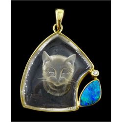 18ct gold rock crystal intaglio depicting a cat, opal doublet and round brilliant cut diamond pendant, hallmarked