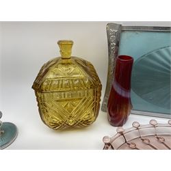 Swedish Svenskt Glass limited edition blue glass salmon, modelled by Paul Hoff, together with two vintage moulded coloured glass dressing table sets with jars and trays, spinning shot glass holder with abstract design glasses and an Art Deco vase, etc 