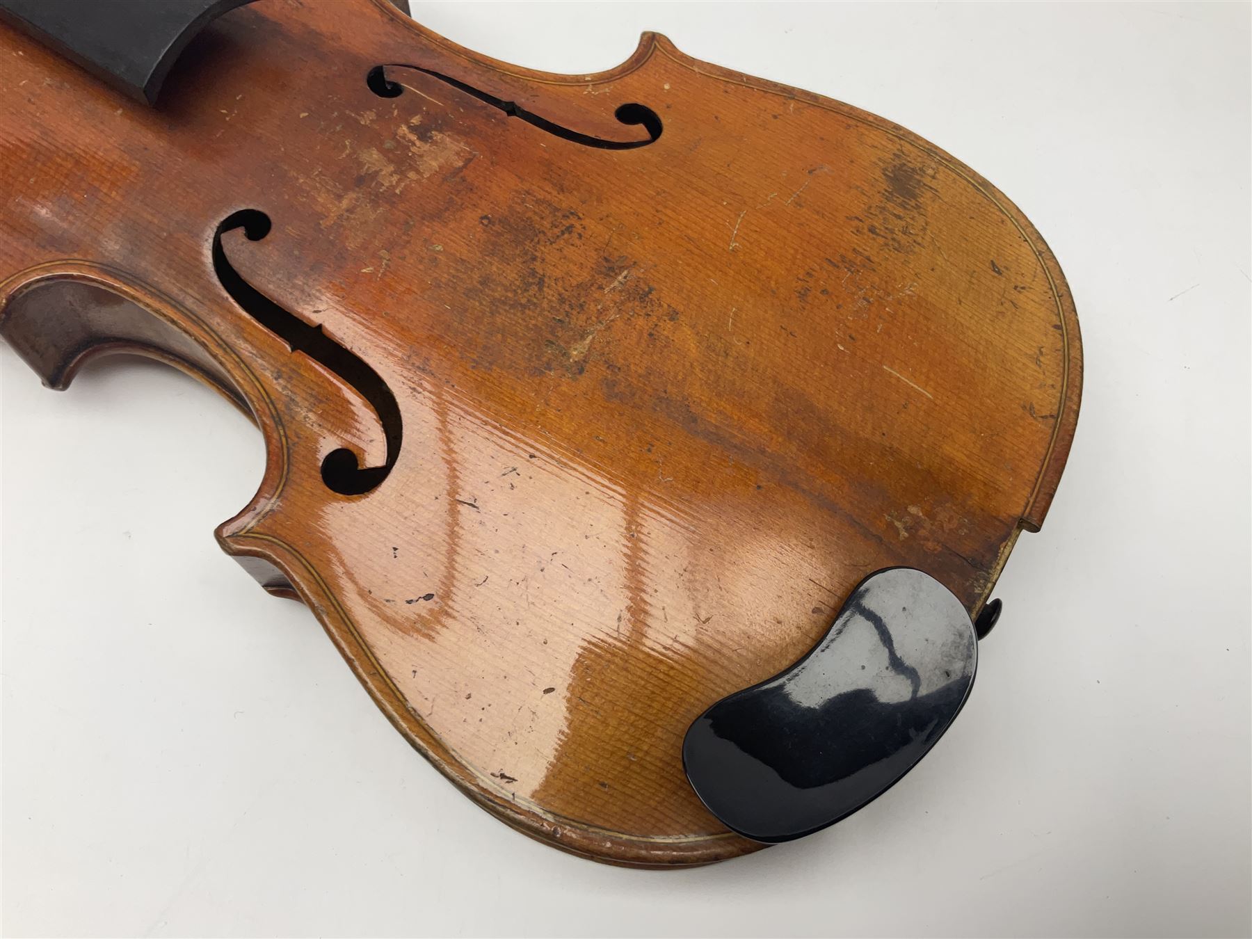 German violin c1900 for re-assembly with 36cm two-piece maple back and ribs and spruce top; L59cm; in ebonised wooden 'coffin' case with two bows