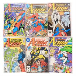 Fifty-nine DC Modern Age 'Action Comics' and 'Action Comics Weekly' comic books, spanning years 1986-1989, comprising 'Action Comics' issues #583, #585, #586, #587, #589, #590, #591, #594, #595, #596, #598 and #600 (Golden Anniversary Issue), and 'Action Comics Weekly' issues #601-#642, together with a fascimilie 50 year anniversary edition of Action Comics #1, 1989 Annual #2, 2006 #843, 2007 #845 and a 1993 Action Comics Bloodlines Annual #5