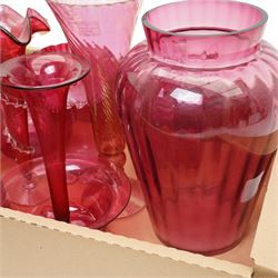Large collection of Victorian and later cranberry glass, including various large examples, in one box, tallest H30cm 